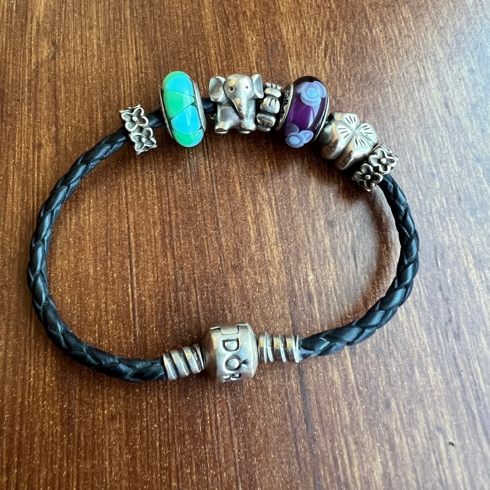 Pandora Silver Leather Charm Bracelet with Murano Glass Charms
